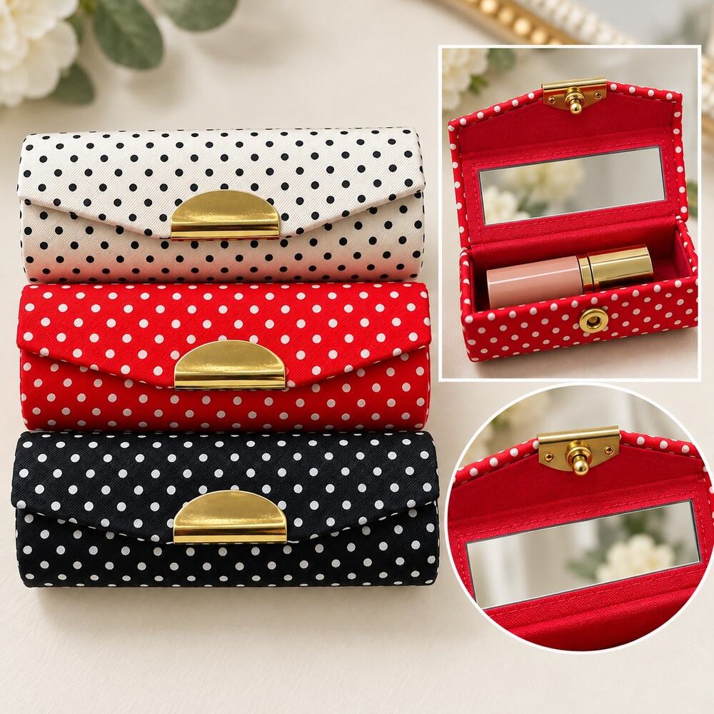 Set of 3 lipstick chapstick holders vintage inspired polka dot mirror red gift